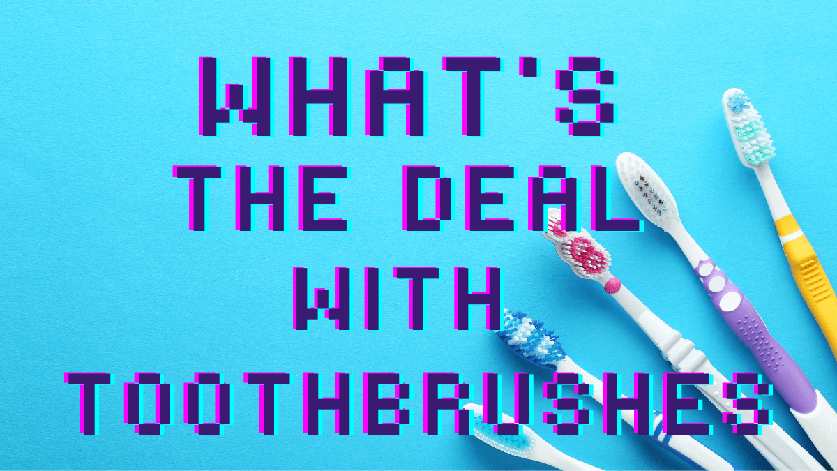 blue background with colorful toothbrushes