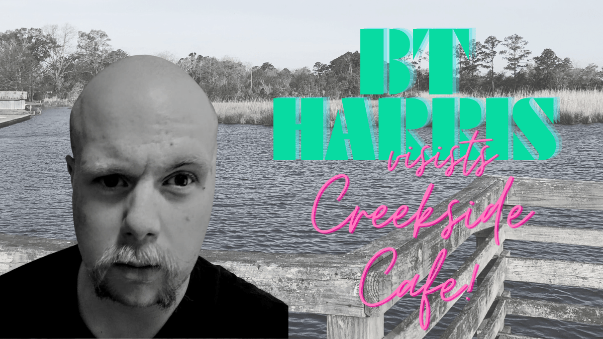 author BT Harris with South Creek behind him, in black and white with bright colored lettering.