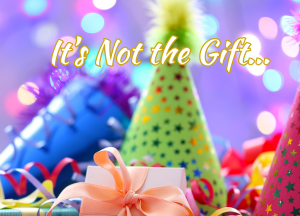 Twinkle lights in the background with gifts and party hats.